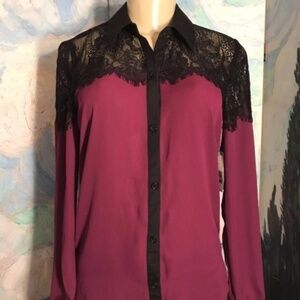 Metaphor S Purple Button Down Black Lace Trim Top